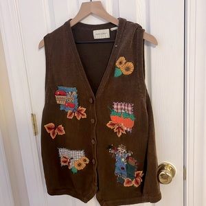 Lemon Grass, Large, Brown Sweater vest w/autumn themed patches.